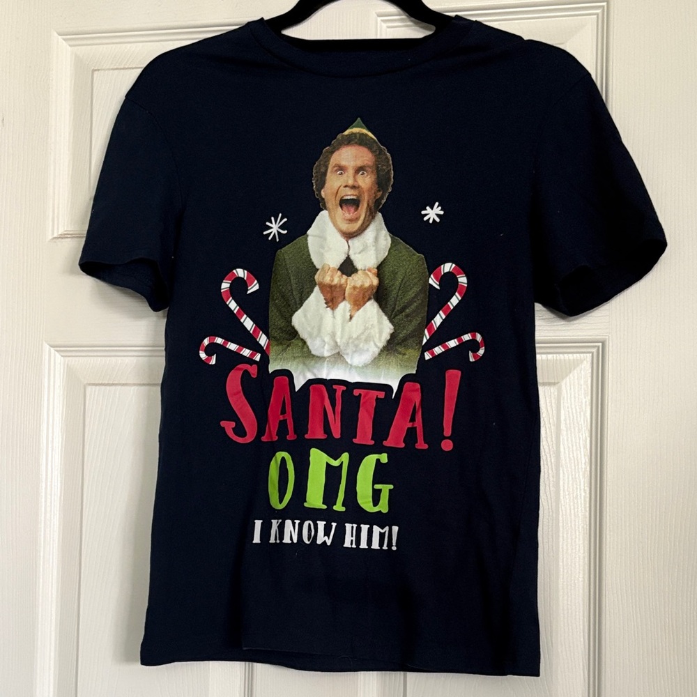 Elf Movie “Santa OMG I Know Him” Will Ferrell T-Shirt Navy Women’s Small EUC